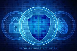 an encryption concept with a shield lock and fingerprint to represent the advancements of blockchains in 2019