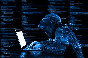 cybersecurity concept showing a hacker and code