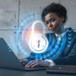 Businesswoman needing protection from cybersecurity