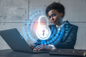 Businesswoman needing protection from cybersecurity 