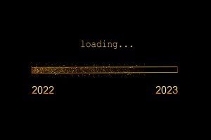 2023 loading, gold glitter progress bar on black background, new year holiday greeting card