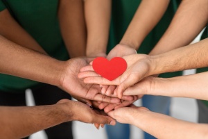 close up of volunteers's hands holding red heart