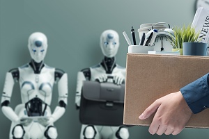 employee let go of job leaving with box and ai robots in the background