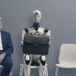 man in suit and ai robot sitting