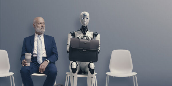 man in suit and ai robot sitting