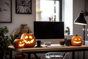 Desktop computer mockup used as a Halloween decoration in the living room. Black and white pumpkins. Generative AI