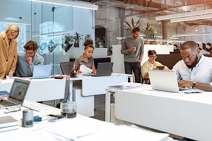 business professionals working in an office room on laptops