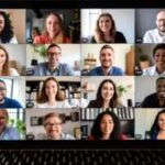 Video conference call screen showing several coworkers on a remote meeting.